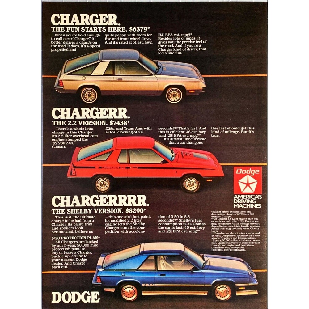 Dodge Charger, 2.2 & Shelby "America's driving Machines" Vintage Print Ad 1983